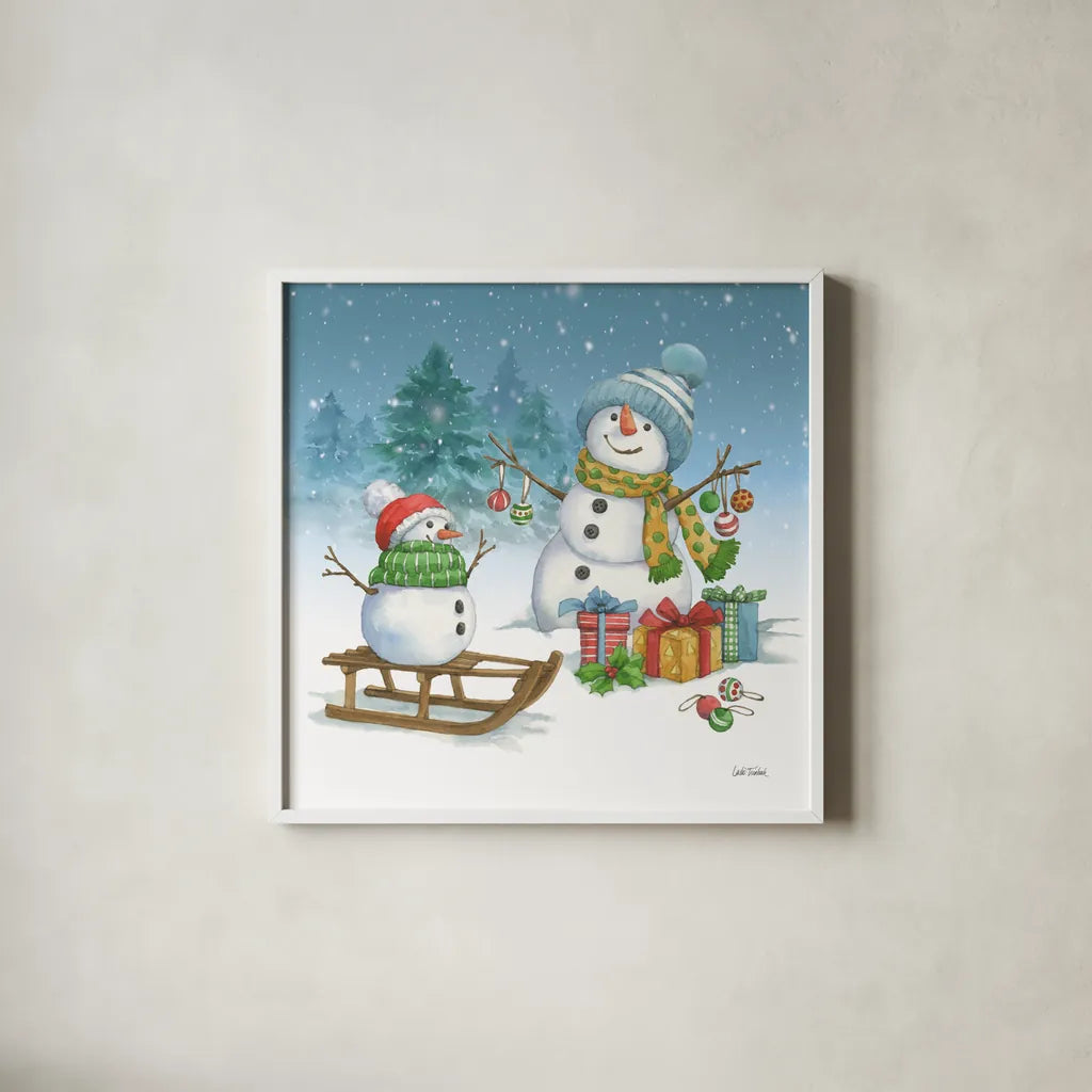Snowman Family III by Leslie Trimbach. Shown in a crisp white glass frame for a clean and minimalist style. Available as an archival giclee rolled canvas, fine art paper, or poster print. SKU 85255a.