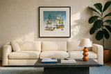 Snowman Family III by Leslie Trimbach. Displayed in a glass frame with matte in a clean modern living room. Available as an archival giclee rolled canvas, fine art paper, or poster print. SKU 85255a.