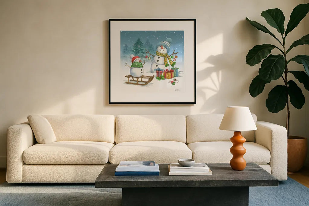 Snowman Family III by Leslie Trimbach. Displayed in a glass frame with matte in a clean modern living room. Available as an archival giclee rolled canvas, fine art paper, or poster print. SKU 85255a.