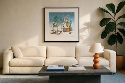 Snowman Family III by Leslie Trimbach. Displayed in a glass frame with matte in a clean modern living room. Available as an archival giclee rolled canvas, fine art paper, or poster print. SKU 85255a.