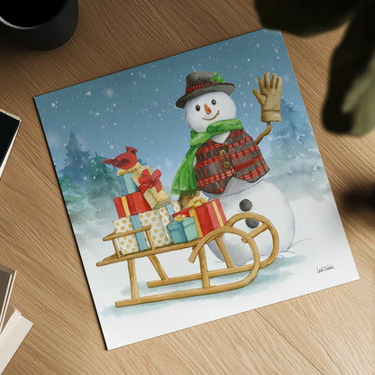 Snowman Family IV by Leslie Trimbach. Shown as a detailed flat fine art print, highlighting archival giclee quality. Available as an archival giclee rolled canvas, fine art paper, or poster print. SKU 85256a.