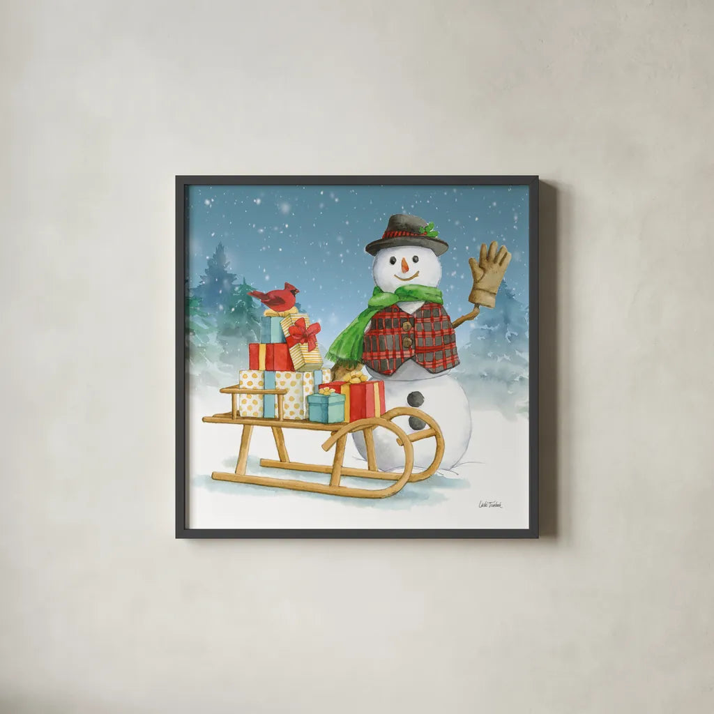 Snowman Family IV by Leslie Trimbach. Shown in a sleek black glass frame for a contemporary gallery look. Available as an archival giclee rolled canvas, fine art paper, or poster print. SKU 85256a.