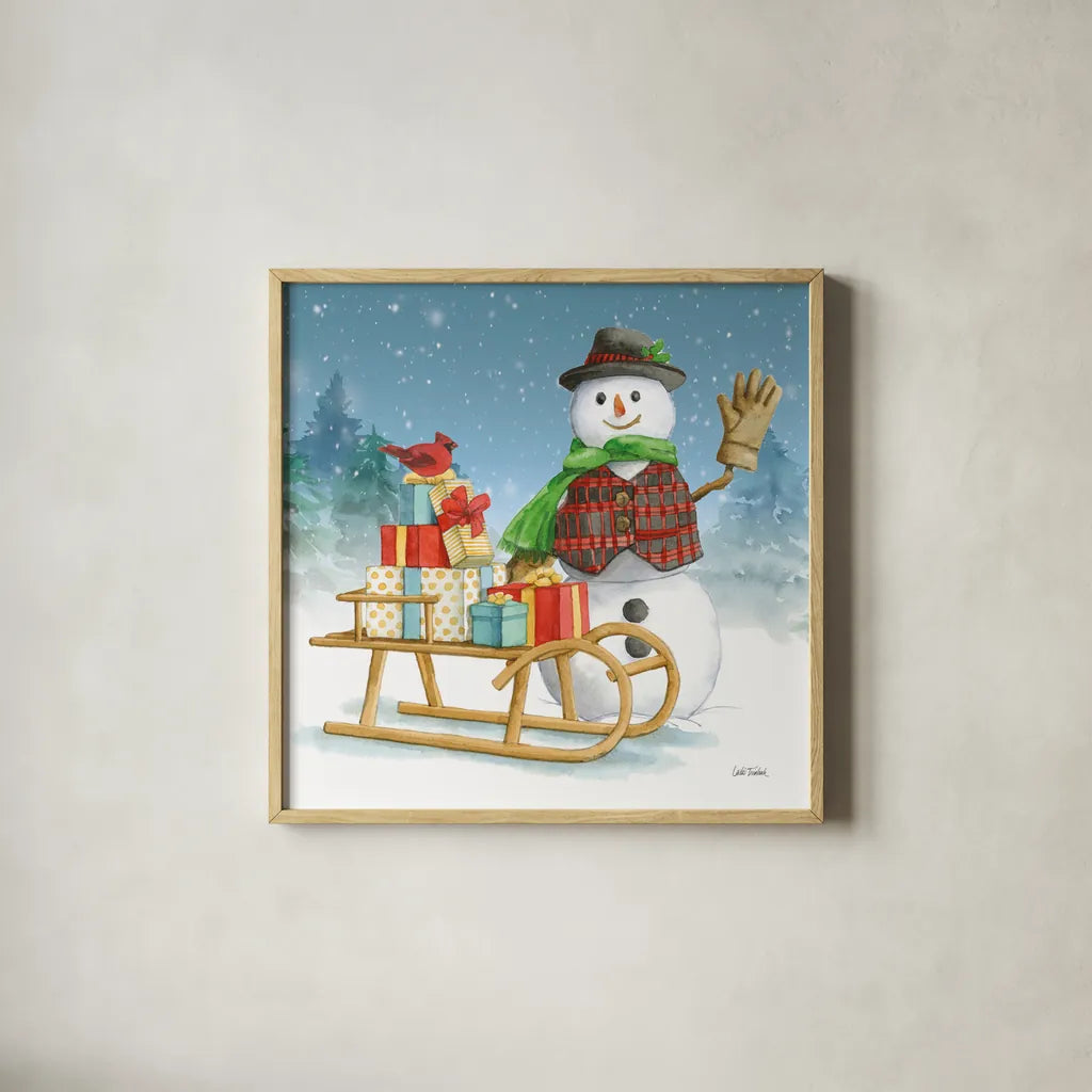 Snowman Family IV by Leslie Trimbach. Shown in a natural wood glass frame for a timeless modern aesthetic. Available as an archival giclee rolled canvas, fine art paper, or poster print. SKU 85256a.