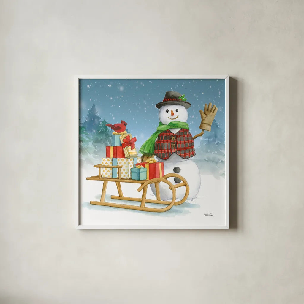 Snowman Family IV by Leslie Trimbach. Shown in a crisp white glass frame for a clean and minimalist style. Available as an archival giclee rolled canvas, fine art paper, or poster print. SKU 85256a.