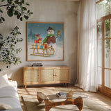 Snowman Family IV by Leslie Trimbach. Shown in a natural wood frame in a cozy modern living room. Available as an archival giclee rolled canvas, fine art paper, or poster print. SKU 85256a.