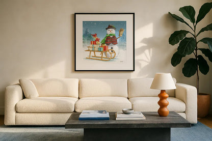 Snowman Family IV by Leslie Trimbach. Displayed in a glass frame with matte in a clean modern living room. Available as an archival giclee rolled canvas, fine art paper, or poster print. SKU 85256a.