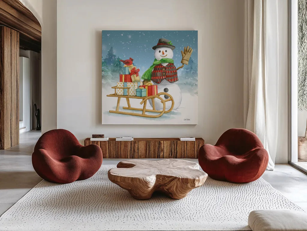 Snowman Family IV by Leslie Trimbach. Shown as extra-large giant wall art in a modern living room. Available as an archival giclee rolled canvas, fine art paper, or poster print. SKU 85256a.