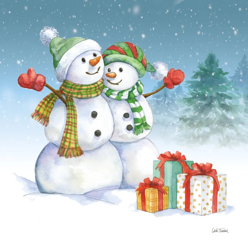 Snowman Family V by Leslie Trimbach. SKU 85257a. Archival Giclee Fine art print for wall decor.