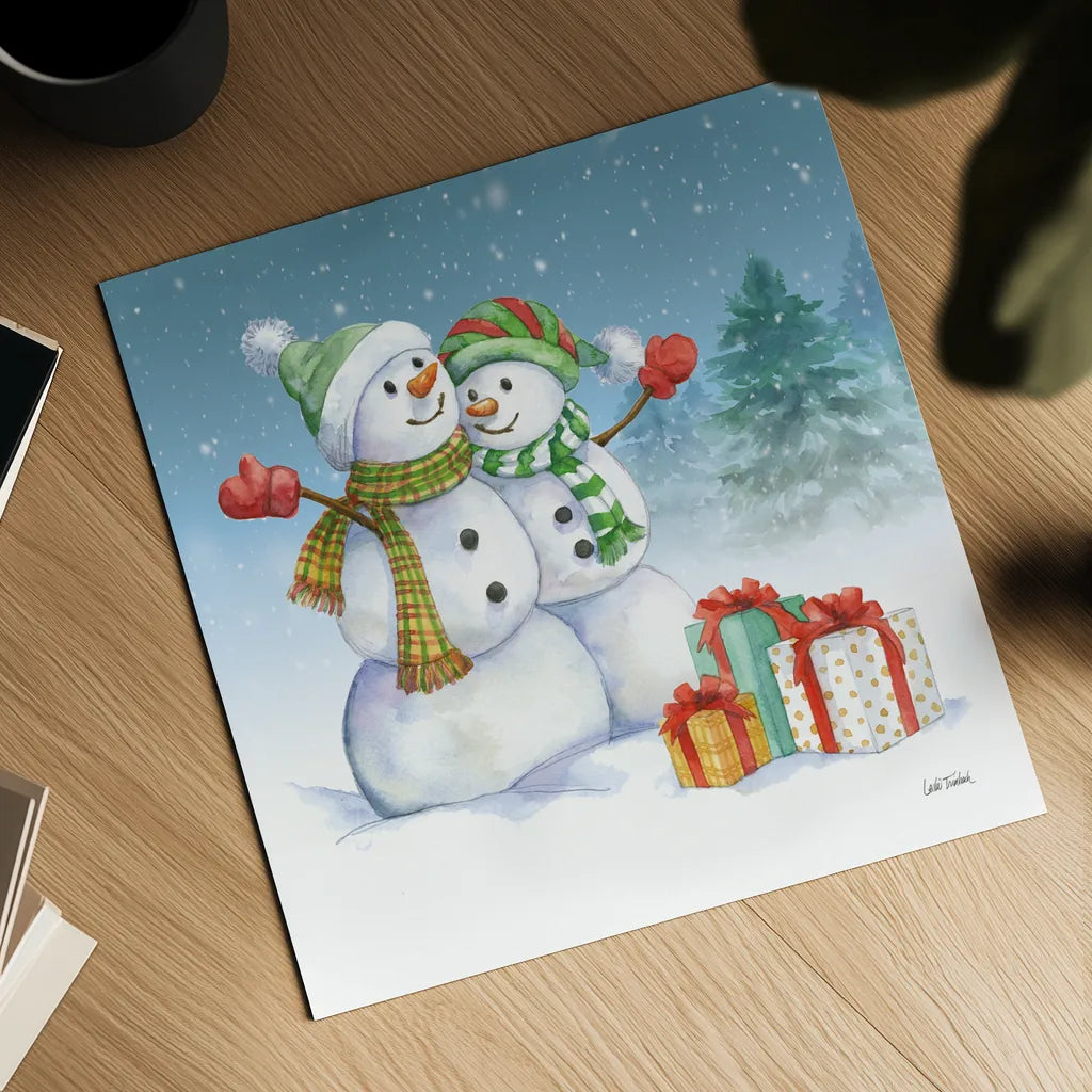 Snowman Family V by Leslie Trimbach. Shown as a detailed flat fine art print, highlighting archival giclee quality. Available as an archival giclee rolled canvas, fine art paper, or poster print. SKU 85257a.
