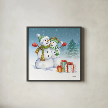 Snowman Family V by Leslie Trimbach. Shown in a sleek black glass frame for a contemporary gallery look. Available as an archival giclee rolled canvas, fine art paper, or poster print. SKU 85257a.