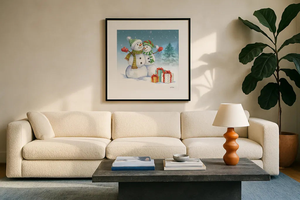 Snowman Family V by Leslie Trimbach. Displayed in a glass frame with matte in a clean modern living room. Available as an archival giclee rolled canvas, fine art paper, or poster print. SKU 85257a.