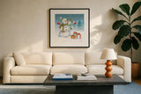 Snowman Family V by Leslie Trimbach. Displayed in a glass frame with matte in a clean modern living room. Available as an archival giclee rolled canvas, fine art paper, or poster print. SKU 85257a.