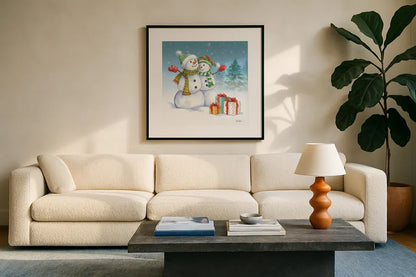 Snowman Family V by Leslie Trimbach. Displayed in a glass frame with matte in a clean modern living room. Available as an archival giclee rolled canvas, fine art paper, or poster print. SKU 85257a.