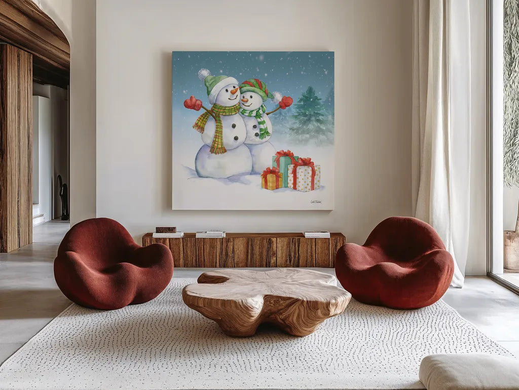 Snowman Family V by Leslie Trimbach. Shown as extra-large giant wall art in a modern living room. Available as an archival giclee rolled canvas, fine art paper, or poster print. SKU 85257a.
