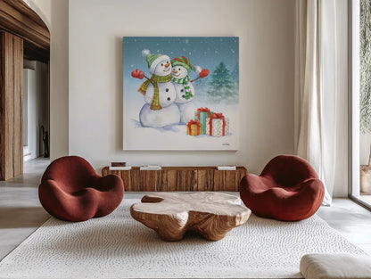 Snowman Family V by Leslie Trimbach. Shown as extra-large giant wall art in a modern living room. Available as an archival giclee rolled canvas, fine art paper, or poster print. SKU 85257a.