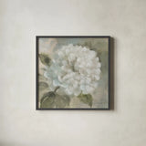 Soft Hydrangea by Leslie Trimbach. Shown in a sleek black glass frame for a contemporary gallery look. Available as an archival giclee rolled canvas, fine art paper, or poster print. SKU 91150a.