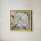 Soft Hydrangea by Leslie Trimbach. Shown in a natural wood glass frame for a timeless modern aesthetic. Available as an archival giclee rolled canvas, fine art paper, or poster print. SKU 91150a.