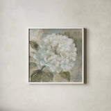 Soft Hydrangea by Leslie Trimbach. Shown in a crisp white glass frame for a clean and minimalist style. Available as an archival giclee rolled canvas, fine art paper, or poster print. SKU 91150a.