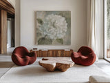 Soft Hydrangea by Leslie Trimbach. Shown as extra-large giant wall art in a modern living room. Available as an archival giclee rolled canvas, fine art paper, or poster print. SKU 91150a.
