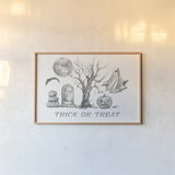 Spooky Halloween II by Leslie Trimbach. shown as a paper print in a natural frame. Available as a archival giclee rolled canvas, fine art paper, or poster print. SKU 93068i.