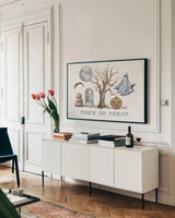 Spooky Halloween II Color by Leslie Trimbach. shown as a framed stretched canvas in a living room above a console. Available as a archival giclee rolled canvas, fine art paper, or poster print. SKU 93069i.