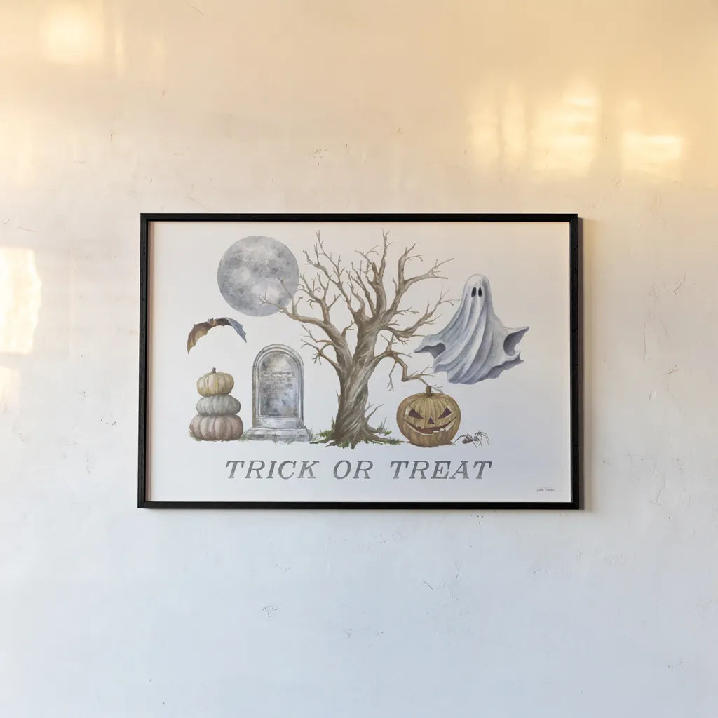 Spooky Halloween II Color by Leslie Trimbach. shown as a paper print in a black flame. Available as a archival giclee rolled canvas, fine art paper, or poster print. SKU 93069i.