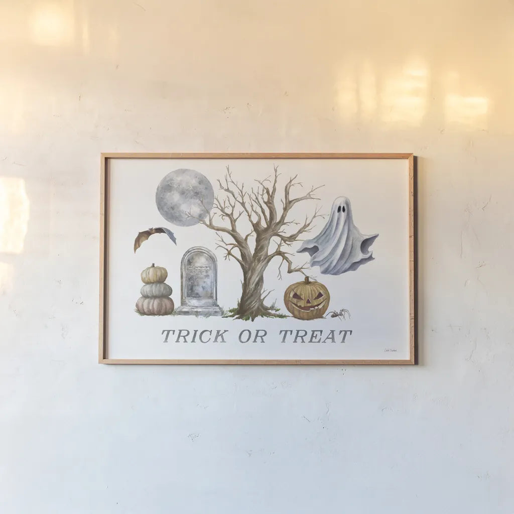 Spooky Halloween II Color by Leslie Trimbach. shown as a paper print in a natural frame. Available as a archival giclee rolled canvas, fine art paper, or poster print. SKU 93069i.