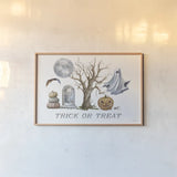 Spooky Halloween II Color by Leslie Trimbach. shown as a paper print in a natural frame. Available as a archival giclee rolled canvas, fine art paper, or poster print. SKU 93069i.