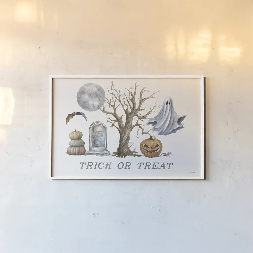 Spooky Halloween II Color by Leslie Trimbach. shown as a paper print in a white frame. Available as a archival giclee rolled canvas, fine art paper, or poster print. SKU 93069i.