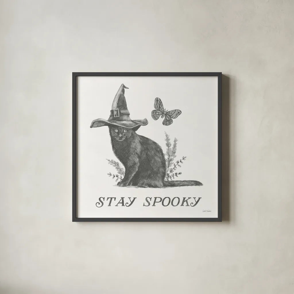 Spooky Halloween III by Leslie Trimbach. Shown in a sleek black glass frame for a contemporary gallery look. Available as an archival giclee rolled canvas, fine art paper, or poster print. SKU 93070a.