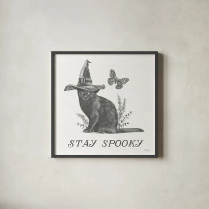 Spooky Halloween III by Leslie Trimbach. Shown in a sleek black glass frame for a contemporary gallery look. Available as an archival giclee rolled canvas, fine art paper, or poster print. SKU 93070a.