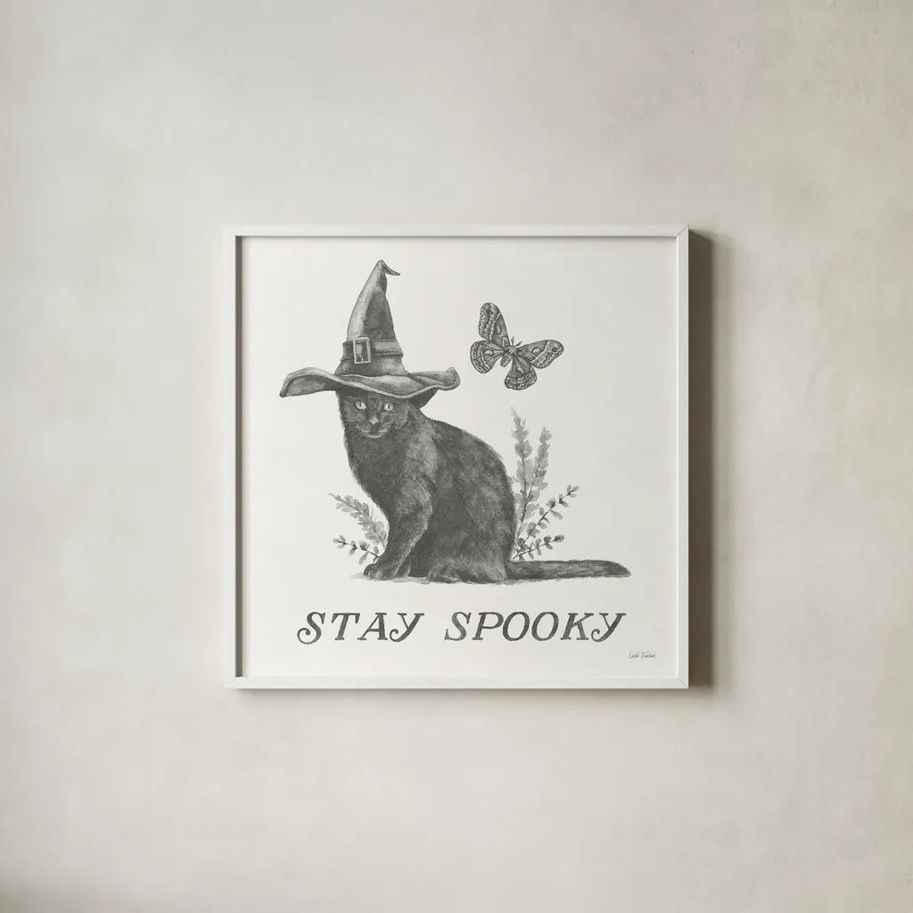 Spooky Halloween III by Leslie Trimbach. Shown in a crisp white glass frame for a clean and minimalist style. Available as an archival giclee rolled canvas, fine art paper, or poster print. SKU 93070a.