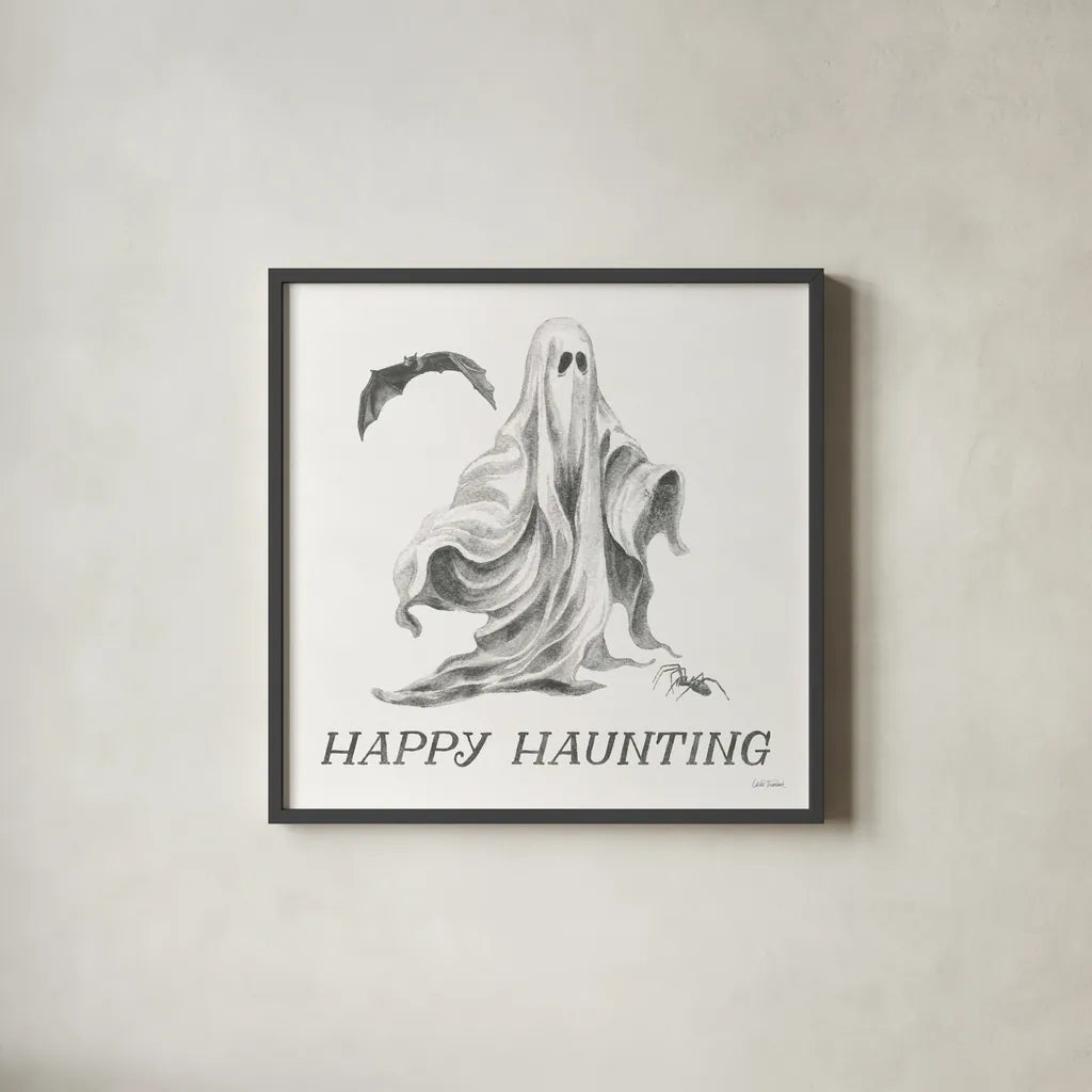 Spooky Halloween IV by Leslie Trimbach. Shown in a sleek black glass frame for a contemporary gallery look. Available as an archival giclee rolled canvas, fine art paper, or poster print. SKU 93072a.