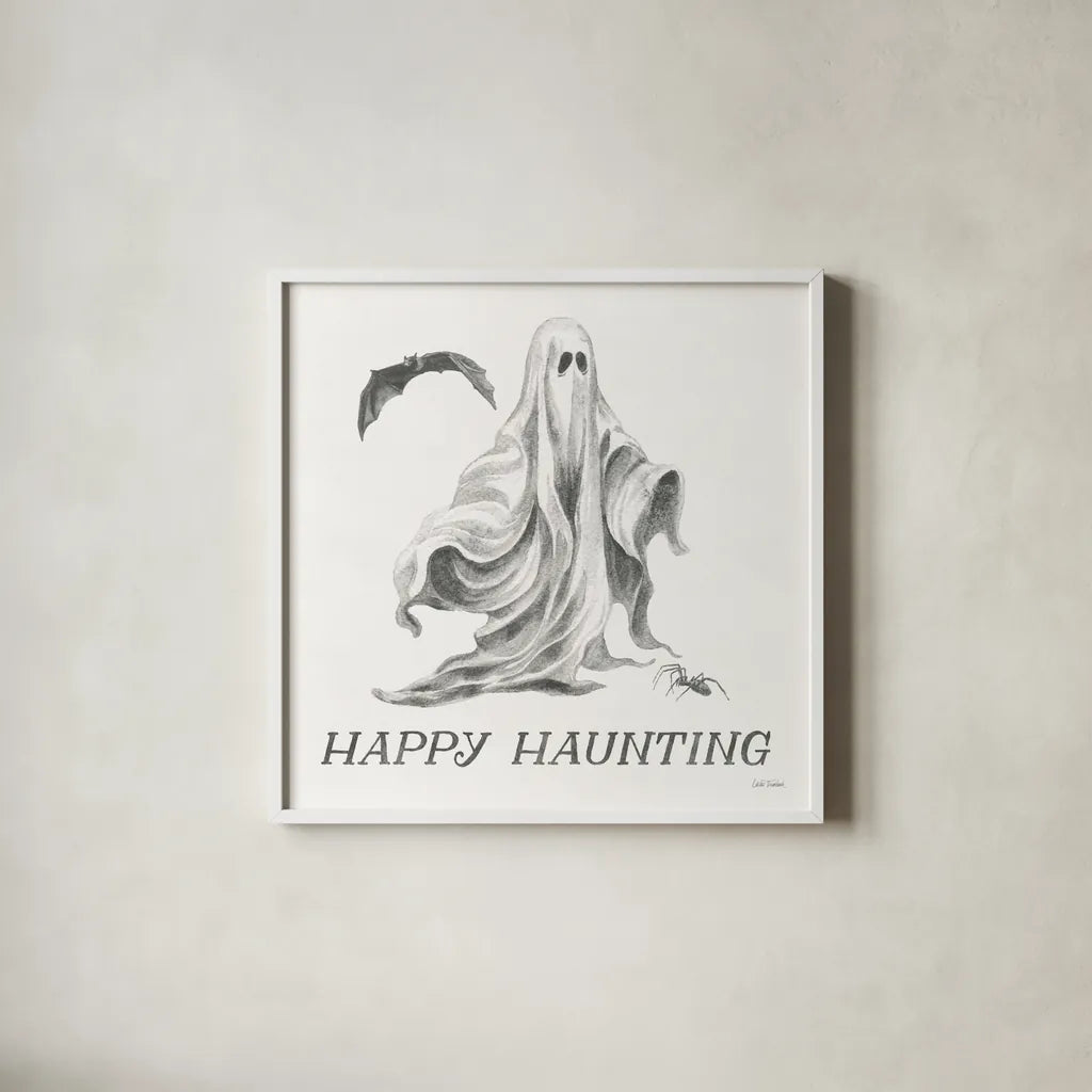 Spooky Halloween IV by Leslie Trimbach. Shown in a crisp white glass frame for a clean and minimalist style. Available as an archival giclee rolled canvas, fine art paper, or poster print. SKU 93072a.