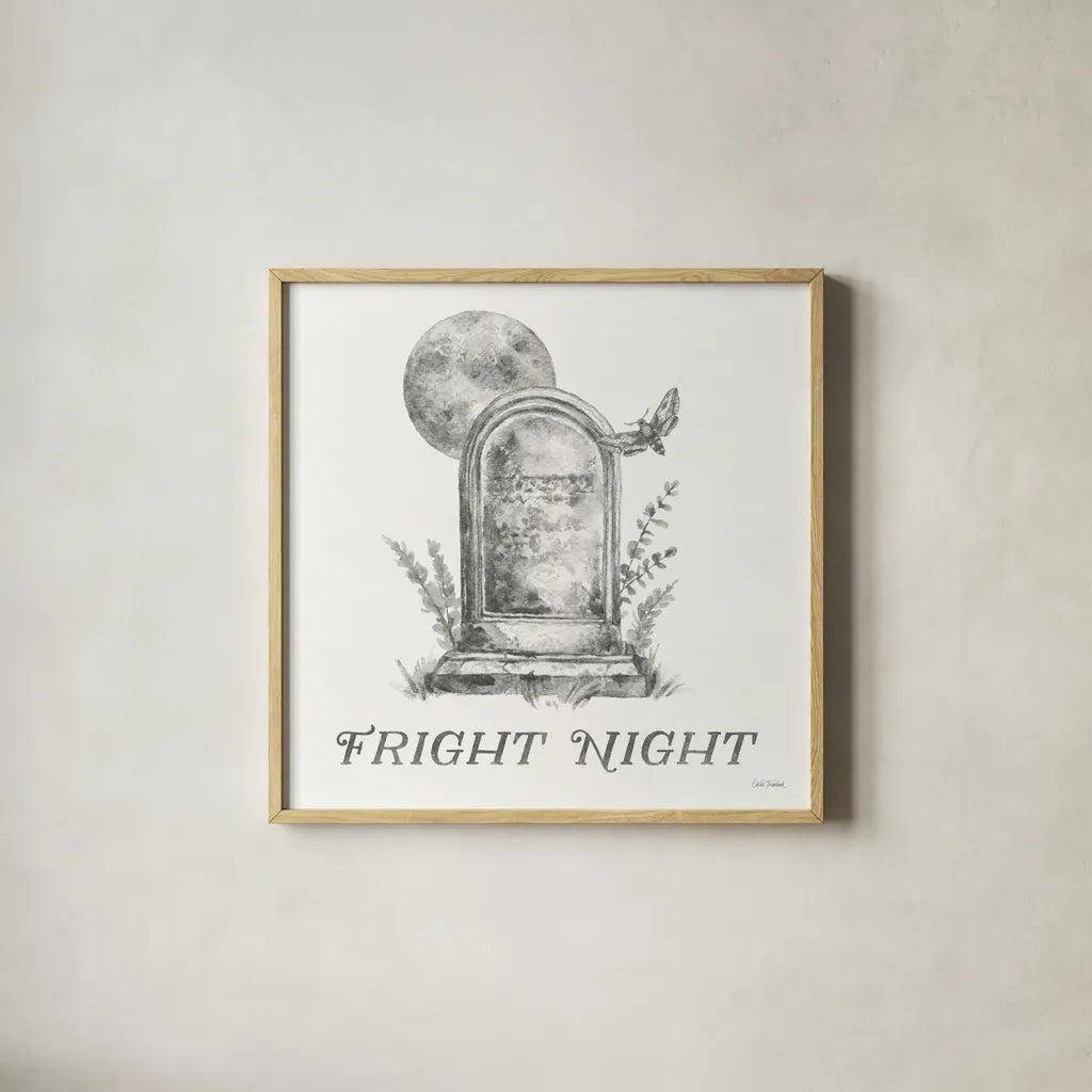 Spooky Halloween V by Leslie Trimbach. Shown in a natural wood glass frame for a timeless modern aesthetic. Available as an archival giclee rolled canvas, fine art paper, or poster print. SKU 93074a.