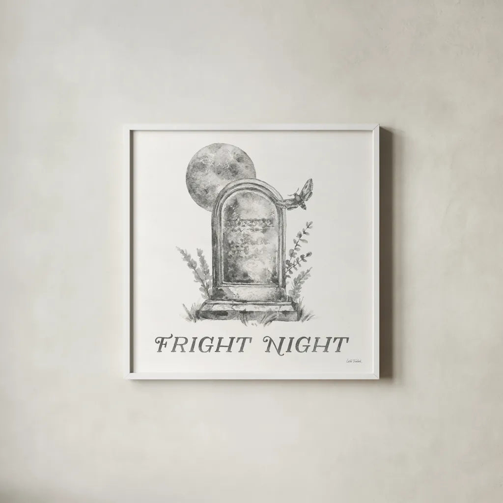 Spooky Halloween V by Leslie Trimbach. Shown in a crisp white glass frame for a clean and minimalist style. Available as an archival giclee rolled canvas, fine art paper, or poster print. SKU 93074a.