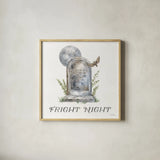 Spooky Halloween V Color by Leslie Trimbach. Shown in a natural wood glass frame for a timeless modern aesthetic. Available as an archival giclee rolled canvas, fine art paper, or poster print. SKU 93075a.