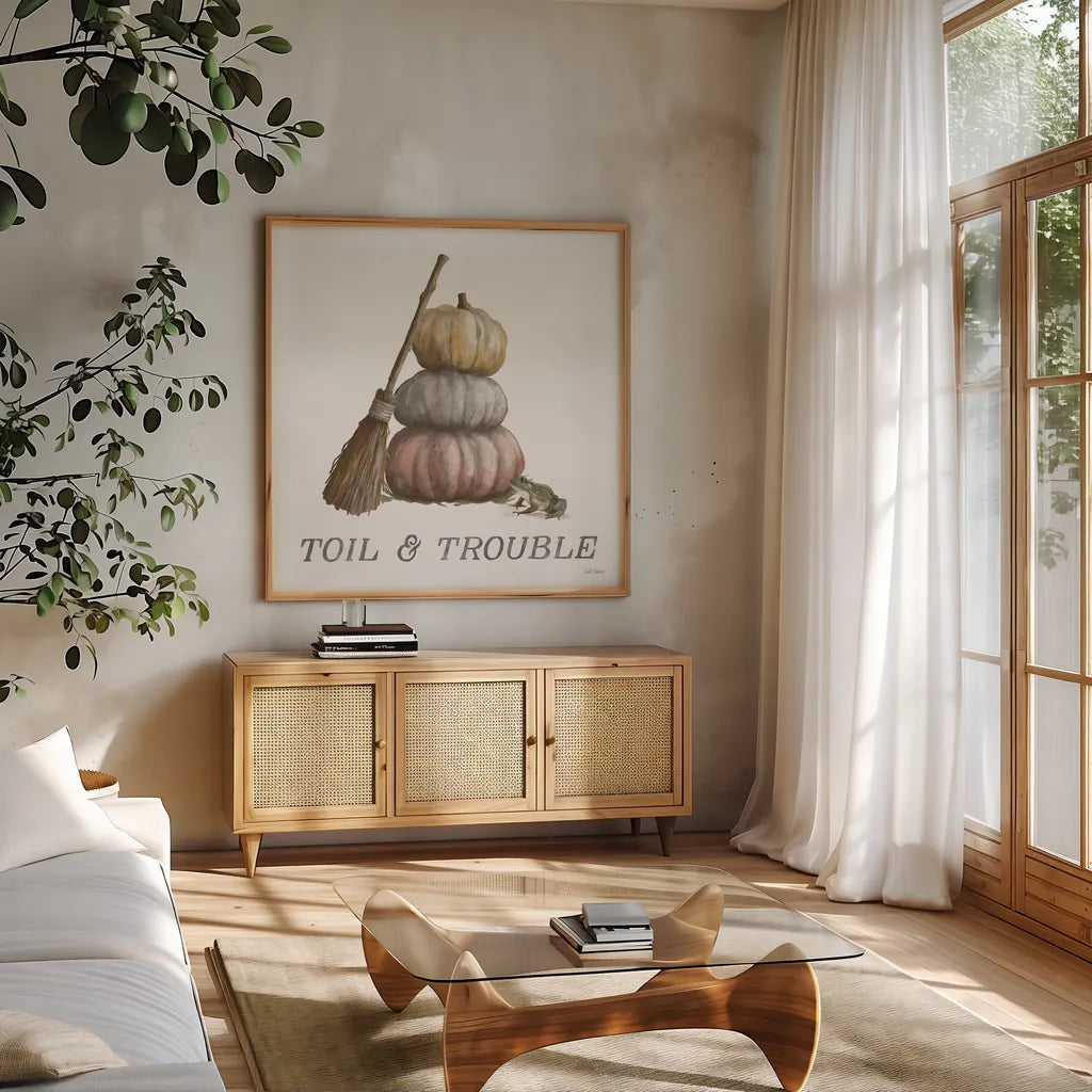 Spooky Halloween VI Color by Leslie Trimbach. Shown in a natural wood frame in a cozy modern living room. Available as an archival giclee rolled canvas, fine art paper, or poster print. SKU 93077a.