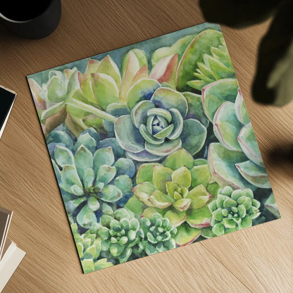 Succulents by Leslie Trimbach. Shown as a detailed flat fine art print, highlighting archival giclee quality. Available as an archival giclee rolled canvas, fine art paper, or poster print. SKU 83195a.
