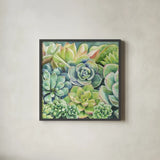 Succulents by Leslie Trimbach. Shown in a sleek black glass frame for a contemporary gallery look. Available as an archival giclee rolled canvas, fine art paper, or poster print. SKU 83195a.
