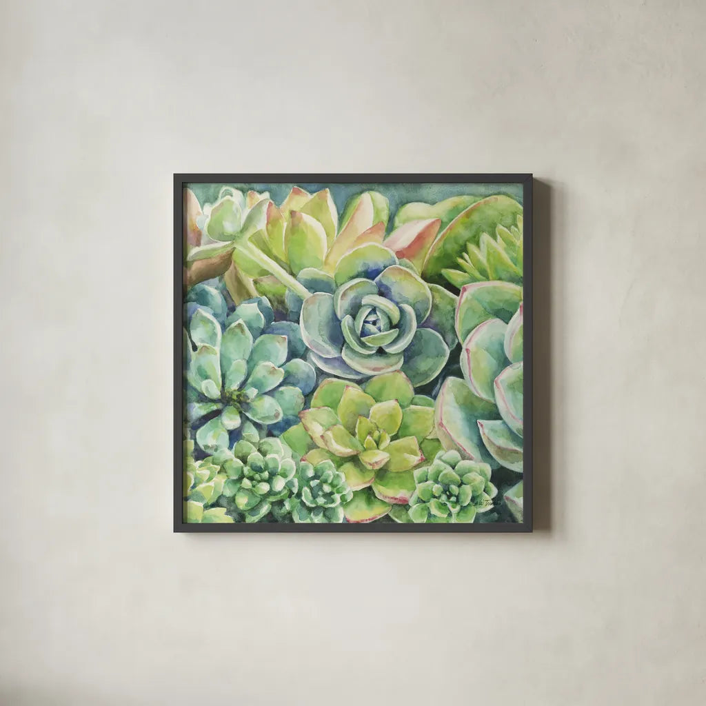Succulents by Leslie Trimbach. Shown in a sleek black glass frame for a contemporary gallery look. Available as an archival giclee rolled canvas, fine art paper, or poster print. SKU 83195a.