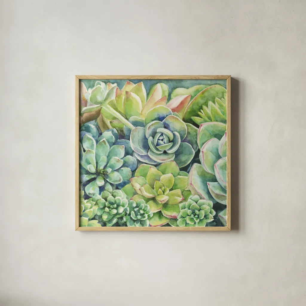Succulents by Leslie Trimbach. Shown in a natural wood glass frame for a timeless modern aesthetic. Available as an archival giclee rolled canvas, fine art paper, or poster print. SKU 83195a.
