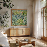 Succulents by Leslie Trimbach. Shown in a natural wood frame in a cozy modern living room. Available as an archival giclee rolled canvas, fine art paper, or poster print. SKU 83195a.