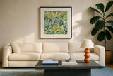 Succulents by Leslie Trimbach. Displayed in a glass frame with matte in a clean modern living room. Available as an archival giclee rolled canvas, fine art paper, or poster print. SKU 83195a.