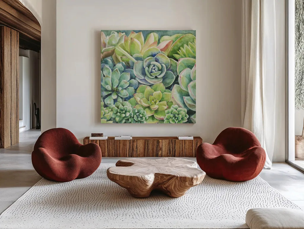 Succulents by Leslie Trimbach. Shown as extra-large giant wall art in a modern living room. Available as an archival giclee rolled canvas, fine art paper, or poster print. SKU 83195a.