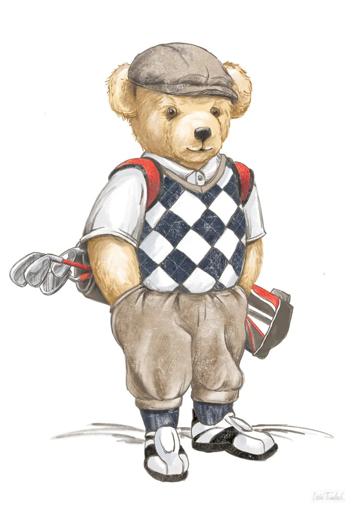 Teddy Bear Golf by Leslie Trimbach. SKU 94174h. Archival Giclee Fine art print for wall decor.