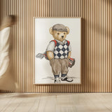 Teddy Bear Golf by Leslie Trimbach. shown as over sized large wall art. Available as an archival giclee rolled canvas, fine art paper, or poster print. SKU 94174h.