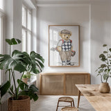 Teddy Bear Golf by Leslie Trimbach. shown as a print in a natural wood frame in a dining room. Available as a archival giclee rolled canvas, fine art paper, or poster print. SKU 94174h.