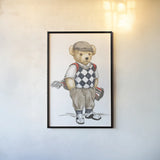 Teddy Bear Golf by Leslie Trimbach. shown as a paper print in a black flame. Available as a archival giclee rolled canvas, fine art paper, or poster print. SKU 94174h.
