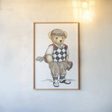 Teddy Bear Golf by Leslie Trimbach. shown as a paper print in a natural frame. Available as a archival giclee rolled canvas, fine art paper, or poster print. SKU 94174h.